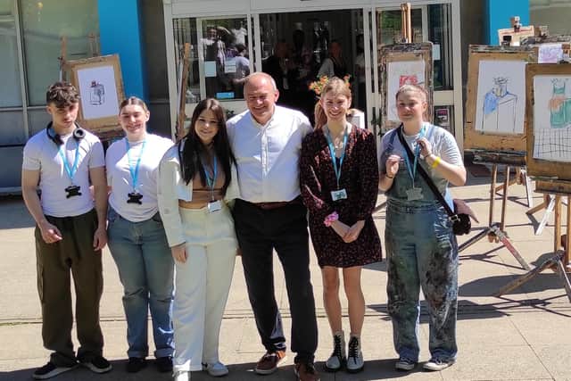 Visit to Harrogate College - Lib Dem Party Leader Sir Ed Davey pictured with art and design students today. (Picture contributed)
