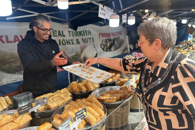 The Mayor of Wetherby, Cllr. Dawn Payne enjoying some Turkish Delights!