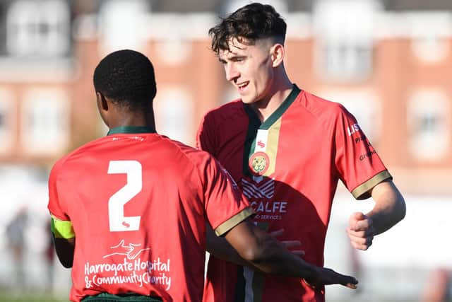 Railway captain Prince Attakorah, left, celebrates with Alex Clark after the hosts went 2-0 up.