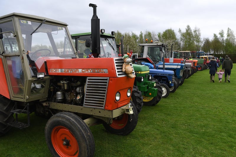 The vintage tractors lined up at Tates Garden Centre in Ripon after their journey around Galphay, Dallowgill Moor and Low Grantley