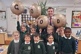 Willow Tree Primary School pupils and headteacher Mr Robert Mold celebrating after receiving a 'good' rating in its latest Ofsted inspection