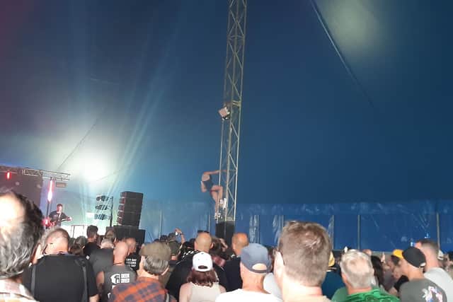Going to the top - Cal Francis, lead singer of Brighton-based proto-punk band Ditz, climbs to new heights inside In The Dock stage at Deer Shed Festival. (PIcture Graham Chalmers)