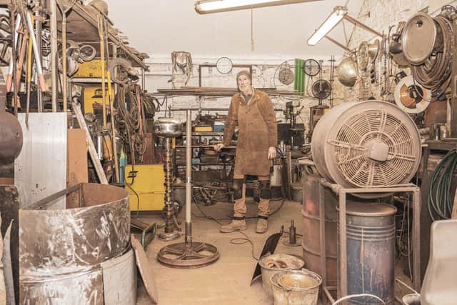 Mr Parker surrounded by his equipment at his workshop just outside Ripon.