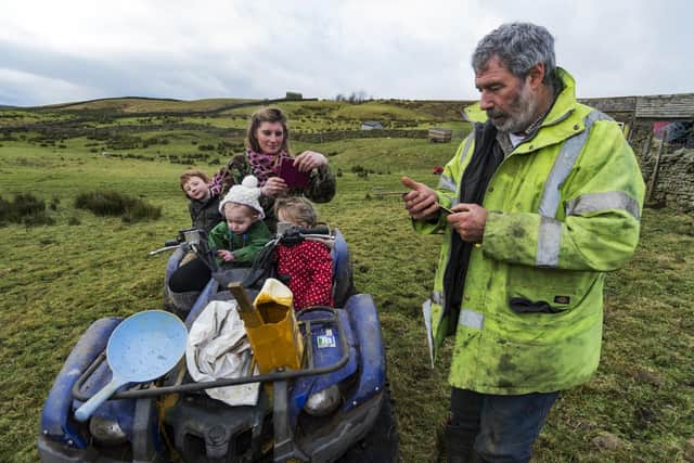 The Yorkshire Shepherdess Amanda Owen and her husband at the time Clive, with three of their nine children Sidney, Clem and Annas, pictured in 2016