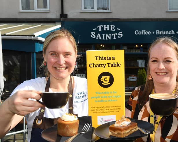 Tackling loneliness - Colleen Gruenwald of Alana Care Solutions and Katrina Rickert, owner of Saints Coffee cafe, at the launch of Harrogate's Chatty Café. (Picture Gerard Binks)