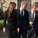 Catherine, Princess of Wales, Prince William, Prince of Wales, Prince Harry, Duke of Sussex, and Meghan, Duchess of Sussex on the long Walk at Windsor Castle where crowds gathered and tributes left to Queen Elizabeth II, who died at Balmoral Castle last Thursday. (Photo by Kirsty O'Connor - WPA Pool/Getty Images)