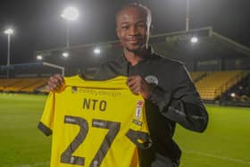 Eno Nto scored on his Harrogate Town debut as the Sulphurites drew 2-2 with Blackpool in the EFL Trophy. Picture: Harrogate Town AFC