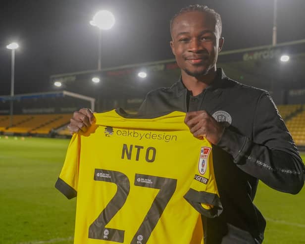 Eno Nto scored on his Harrogate Town debut as the Sulphurites drew 2-2 with Blackpool in the EFL Trophy. Picture: Harrogate Town AFC