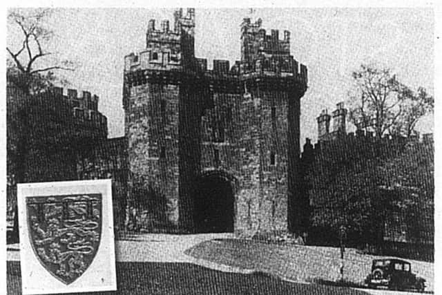 Lancaster Castle and, inset, the arms of the Duchy of Lancaster.
