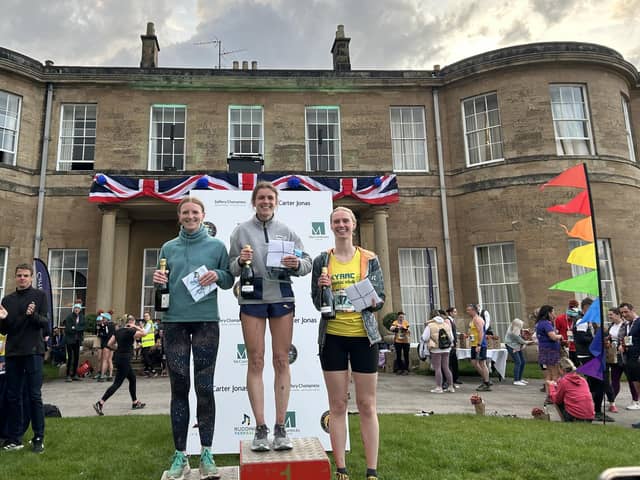 Running for the Rob Burrow Centre for Motor Neurone Disease Appeal at Rudding Park - From left, the top three ladies Zara Knappy (Rotherham Harriers &  AC), ladies winner Georgia Malir (Leeds City AC) and Rebecca Pritchard (Skyrac).