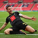 Josh Falkingham celebrates after scoring the only goal of the game during Harrogate Town's 2019/20 FA Trophy final triumph over Concord Rangers at Wembley Stadium. Picture: Justin Setterfield/Getty Images