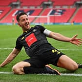 Josh Falkingham celebrates after scoring the only goal of the game during Harrogate Town's 2019/20 FA Trophy final triumph over Concord Rangers at Wembley Stadium. Picture: Justin Setterfield/Getty Images