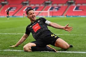 Josh Falkingham celebrates after scoring the only goal of the game during Harrogate Town's 2019/20 FA Trophy final triumph over Concord Rangers at Wembley Stadium. Picture: Justin Setterfield/Getty Images