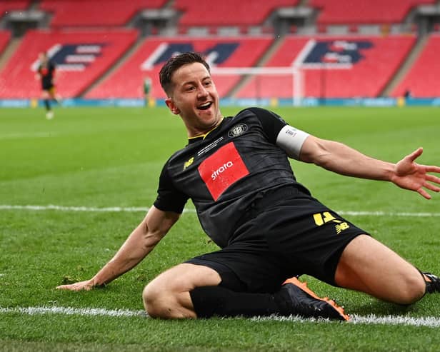 Josh Falkingham celebrates after scoring the only goal of the game during Harrogate Town's 2019/20 FA Trophy final triumph over Concord Rangers at Wembley Stadium. Picture: Justin Setterfield/Getty Images