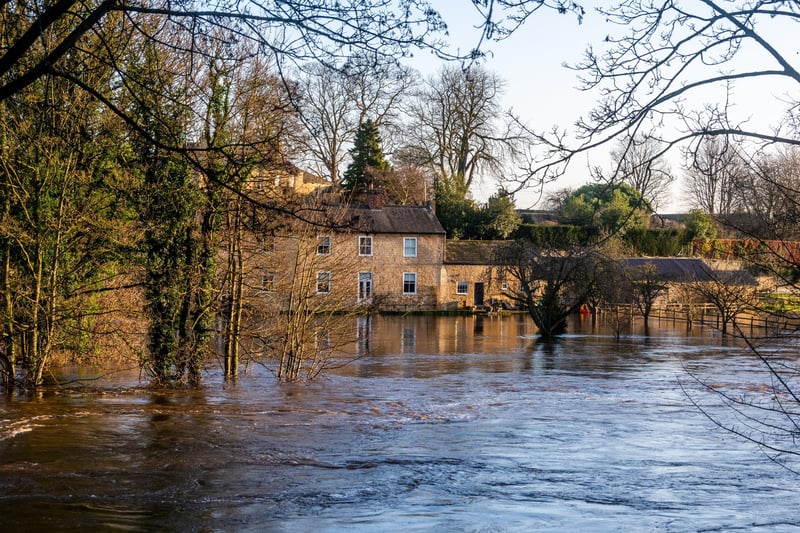 The RIver Wharfe at Boston Spa, near Wetherby in full flood with a number of residential propeties at risk of flooding should the water level continue to rise. Over the last few days the Met Office issued persistent and occasionally heavy rain over most parts on the UK with the risk of flooding in parts.