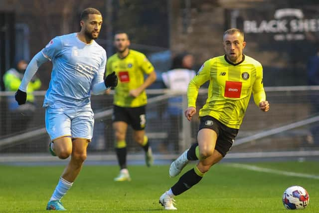 Alex Pattison on the attack during Harrogate Town's League Two win over Mansfield Town.