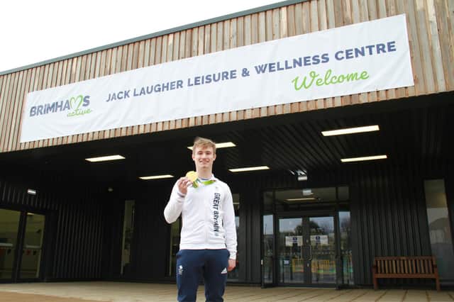 British diving hero Jack Laugher outside Ripon' Jack Laugher Leisure and Wellness Centre - run by Brimhams Active, which was launched by Harrogate Borough Council in 2021.