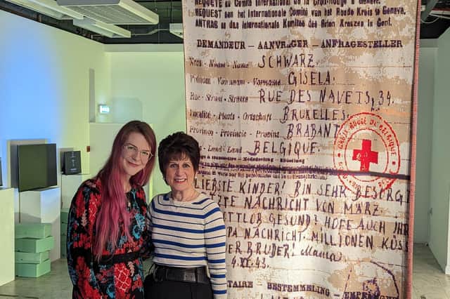 Harrogate's Michelle Green, right, with artist Laura Fisher and the blanket inspired by the final telegram sent by her grandmother before she died in a Nazi gas chamber during WW2.