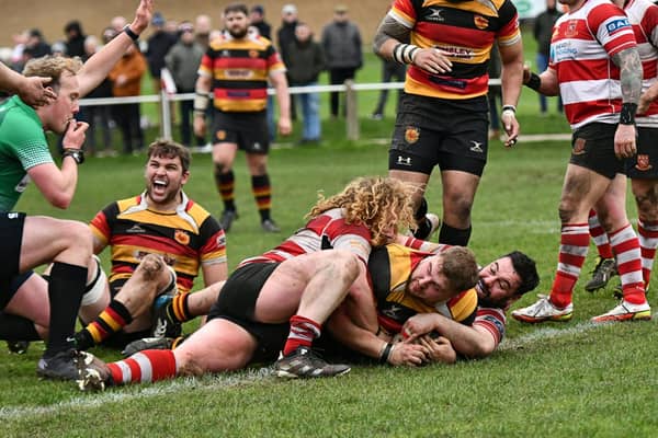 Harrogate RUFC make it over the try-line during Saturday's 22-18 North One East victory over Cleckheaton. Picture: Daniel Kerr