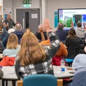Attendees at the retrofit event at Harrogate College listening to Steve Hall of WT Hall Builders, who gave a builder’s perspective on the house improvement process.