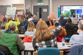Attendees at the retrofit event at Harrogate College listening to Steve Hall of WT Hall Builders, who gave a builder’s perspective on the house improvement process.