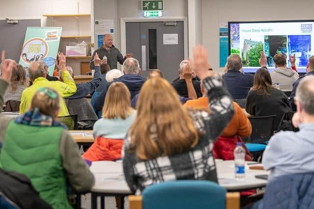 Attendees at the retrofit event at Harrogate College listening to Steve Hall of WT Hall Builders, who gave a builder’s perspective on the house improvement process.