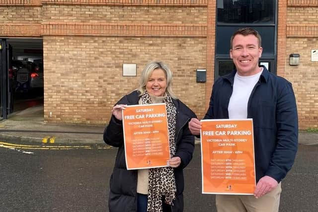 Launching free parking offer - Harrogate BID Vice Chair Andrea Thornborrow and BID Manager Matthew Chapman outside the Victoria Car Park in Harrogate. (Picture contributed)