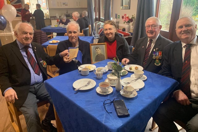 At the Sycamore Hall Care Home VFF celebration are (from left) Alec Lutton, social media representative of the Royal British Legion Ripon branch and member of the Royal Engineers Association, Viv Davies, 88, a resident and armed forces veteran, Viv’s daughter Sarah Hardy, Paul Graham, secretary for the Royal British Legion Ripon branch, and Jim Phillips, chair of the Royal Engineers Association.