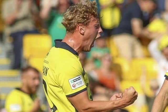 Rohan Vaughan can't hide his joy after smashing home Harrogate Town's fifth goal against Solihull Moors. Picture: Harrogate Town AFC