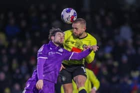 The ball spent plenty of time in the air as Harrogate Town and Stevenage played out a 1-1 draw at a windswept Wetherby Road. Picture: Matt Kirkham