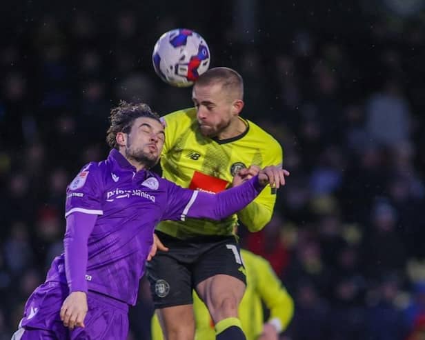 The ball spent plenty of time in the air as Harrogate Town and Stevenage played out a 1-1 draw at a windswept Wetherby Road. Picture: Matt Kirkham