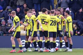 Harrogate Town celebrate after taking a first-half lead during Saturday's League Two clash with Crewe Alexandra. Pictures: Matt Kirkham