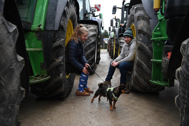 Georgia Lithgow and Tom Tattersall with Woody the dog chatting amongst the hundreds of tractors