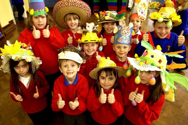 Pupils from New Park Primary School give the thumbs up to their colourful Easter Bonnets in 2007