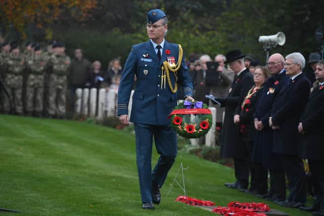 Lieutenant Colonel Theriault laying a wreath at the Remembrance service at the Commonwealth War Graves Cemetery, Harrogate, in 2022 on behalf of the Canadian Armed Forces
