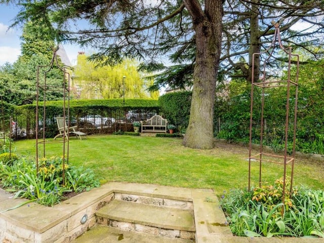 A pleasant lawned garden with shade and seating.