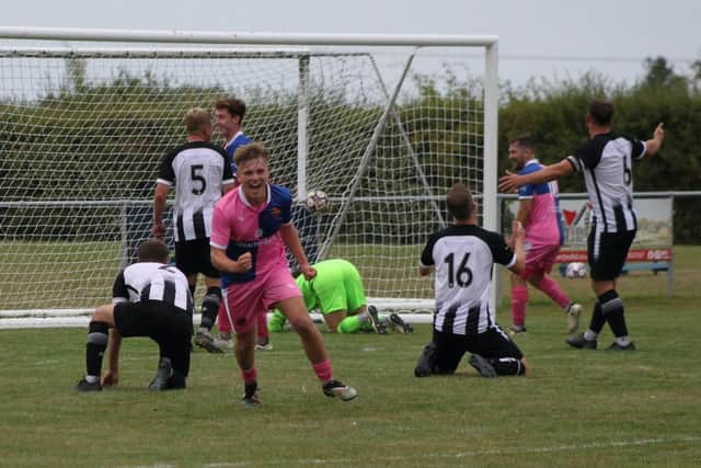 Harris Eggleston celebrates after netting Harrogate Railway's late winner at Louth Town. Picture: Harrogate Railway Athletic