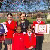 Head teacher Emma Ronicle with pupils at St Joseph’s Catholic Primary School and Nursery in Tadcaster