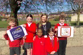 Head teacher Emma Ronicle with pupils at St Joseph’s Catholic Primary School and Nursery in Tadcaster