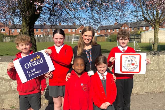 Head teacher Emma Ronicle with pupils at St Joseph’s Catholic Primary School and Nursery in Tadcaster
