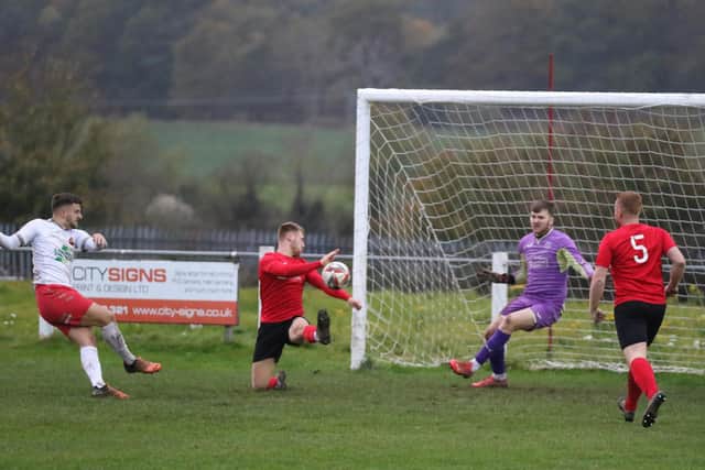 Albert Ibrahimi rifles home the only goal of the game during Harrogate Railway's NCEL Division One victory at Ollerton Town. Picture: Craig Dinsdale