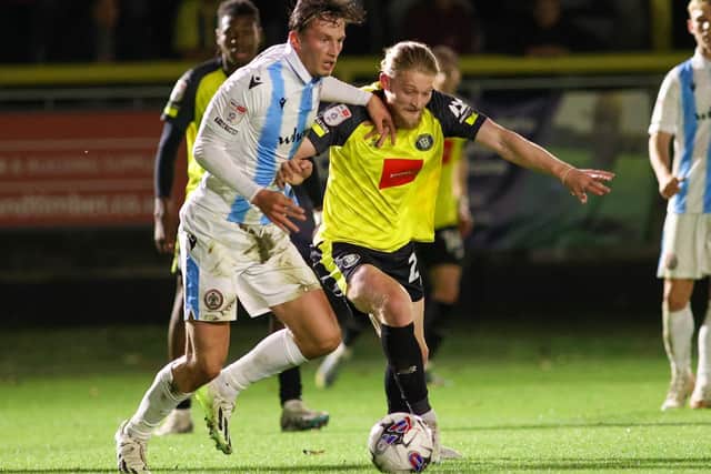 Luke Armstrong in EFL Trophy action for Harrogate Town against Accrington Stanley earlier this season.