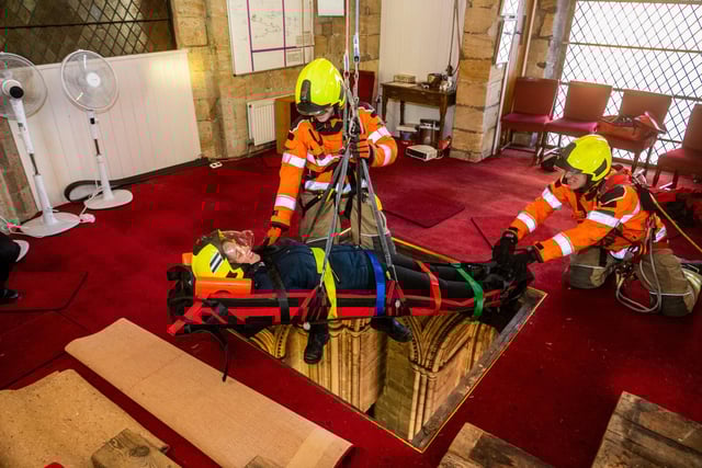 Verger Lucinda Taylor was strapped onto a stretcher and lowered 15 metres down to the cathedral floor from a trap door in the ringing room