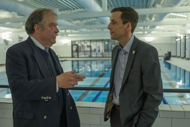 North Yorkshire Council’s executive member for culture and leisure, Cllr Simon Myers (left) and Brimham’s Active managing director, Mark Tweedie, at the new Knaresborough facility; external and internal shots of the new centre with its pool, fitness and cycle studios. (Picture contributed)