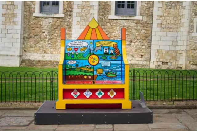 Dacre Braithwaite Primary School's winning chair sitting proudly outside the Tower of London