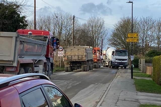 A photograph of heavy construction lorries on Kingsley Road in Harrogate. (Picture courtesy of Kingsley Ward Action Group)