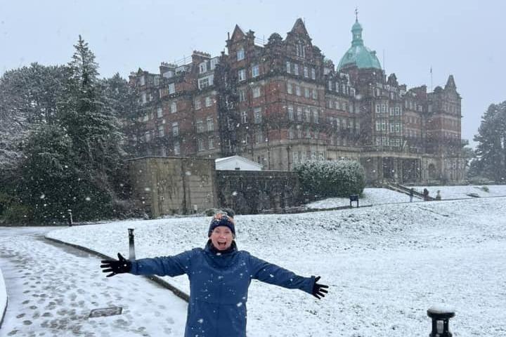 Emma enjoying the snow outside the DoubleTree by Hilton Harrogate Majestic Hotel & Spa in Harrogate