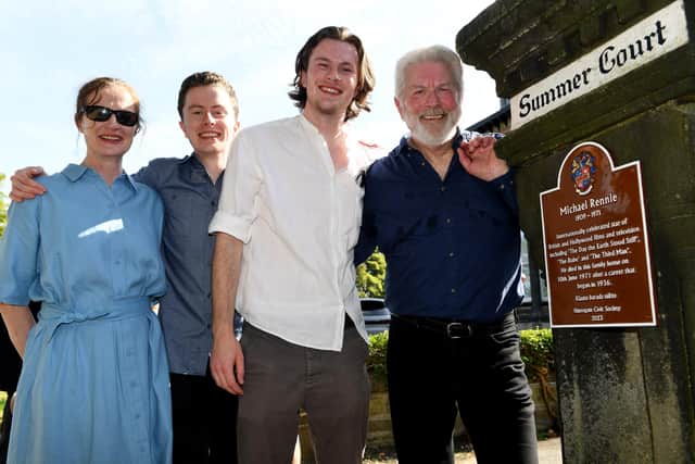 Harrogate Civic Society plaque unveiling for the actor Michael Rennie - Cutting the ribbon Michael's son David Rennie with his family son's Michael and James and wife Catherine. (Picture Gerard Binks)