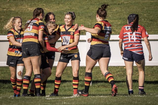 Harrogate RUFC Ladies celebrate a try during Saturday's loss at home to Barnsley.