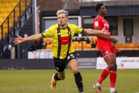 Josh March celebrates after scoring for Harrogate Town against Newport County during the 2020/21 campaign. Picture: Matt Kirkham